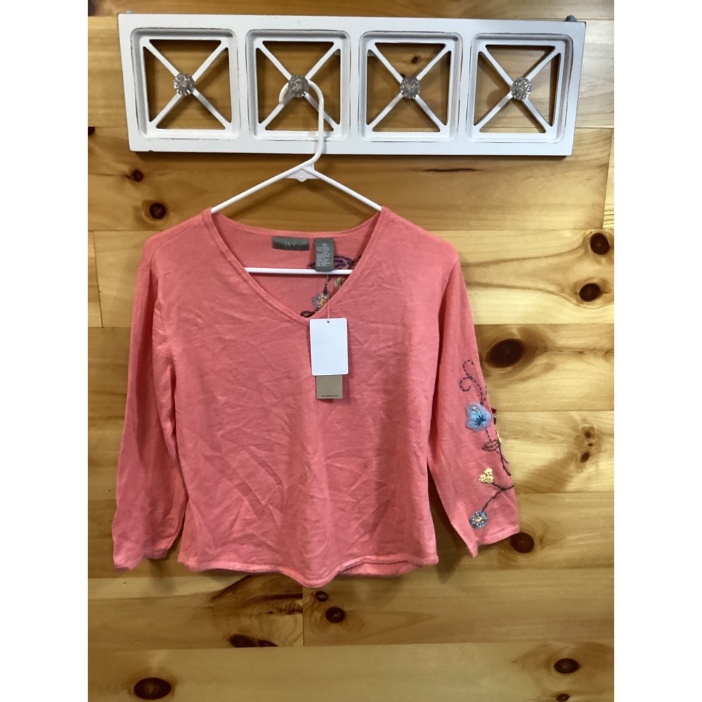 IVY Women Melon Pink Floral Embroidered V-Neck 3/4 Sleeve Ramie Rayon Sweater M